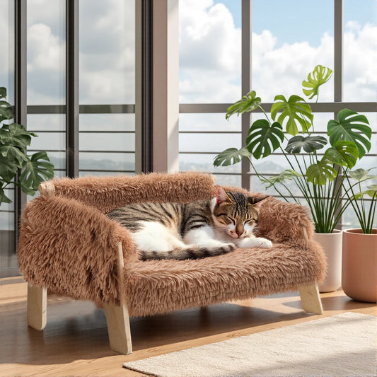 Large Sturdy Wooden Leg Raised Plush Cat Sofa