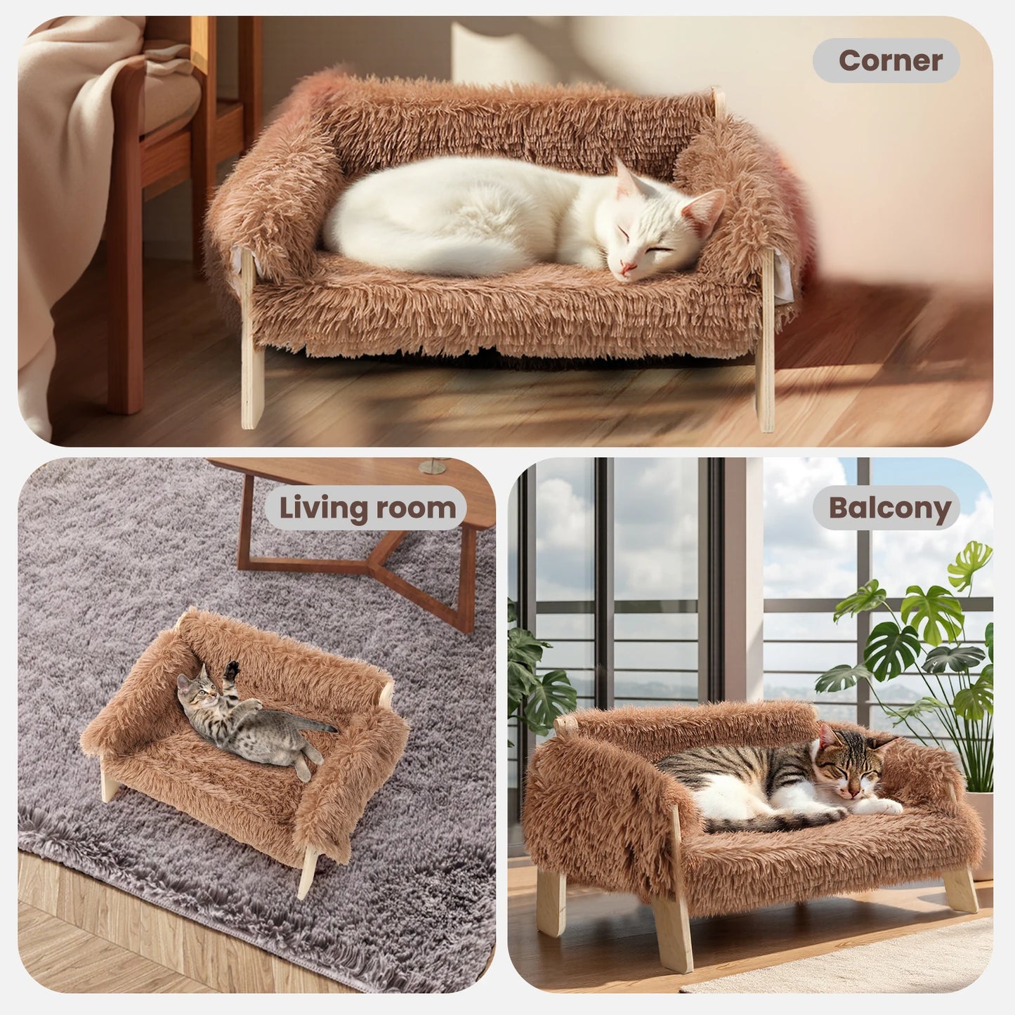 Large Sturdy Wooden Leg Raised Plush Cat Sofa