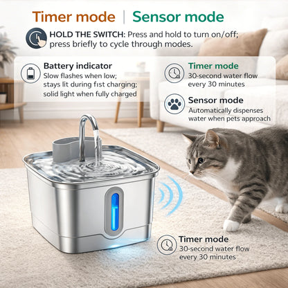Smart Wireless Cat Water Fountain 4000mAh Rechargeable Battery Sensor Stainless Steel Automatic Pet water Dispenser with Filter